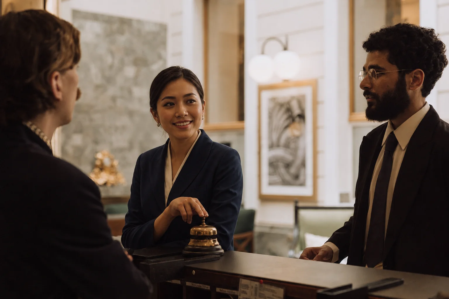 Philippinische Rezeptionistin begrüßt einen Gast an der Hotelrezeption